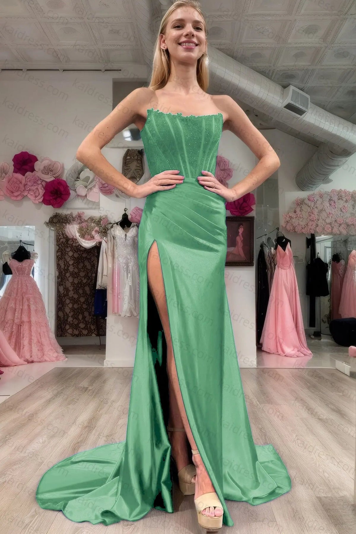 Sheath/Column Elastic Woven Satin Ruched Off-the-Shoulder Sleeveless Sweep/Brush Train Prom Dresses