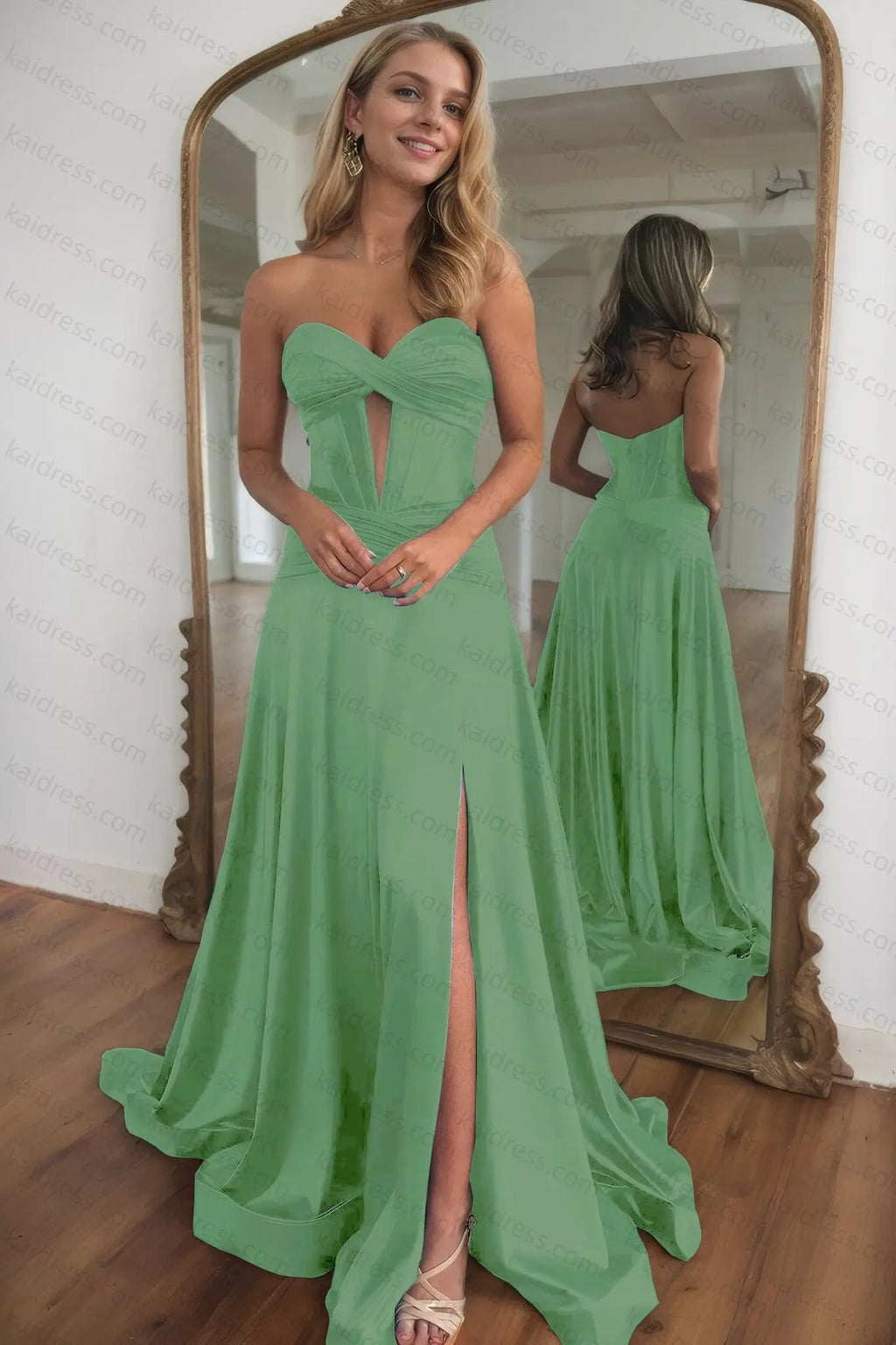 A-line Strapless Silk Long Blue Prom Dresses Elegant Evening Dress