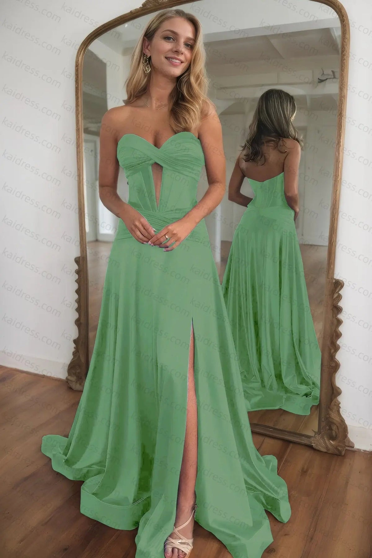 A-line Strapless Silk Long Blue Prom Dresses Elegant Evening Dress