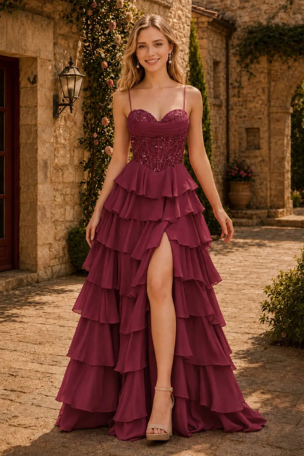 Spaghetti Straps Sweetheart Embellished Corset Chiffon Slit Ruffle Prom Dress with Detachable Straps