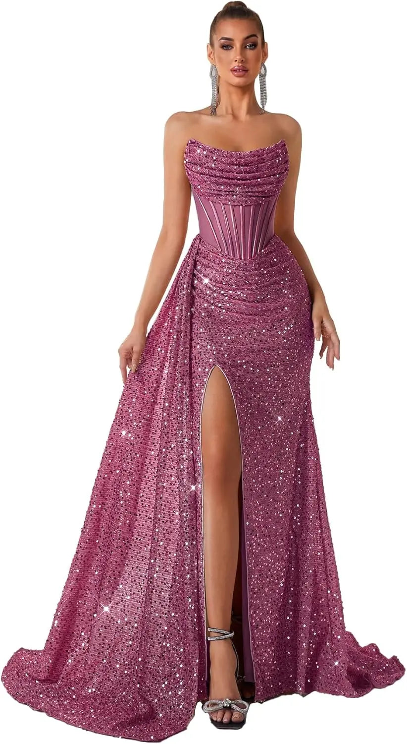 Mermaid Sequin Strapless Red Long Formal Prom Dresses Corset Split Ball Gowns