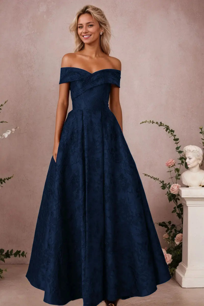 A-Line Off Shoulder Satin Burgundy Long Prom Dress Floral Jacquard Formal Ball Gowns