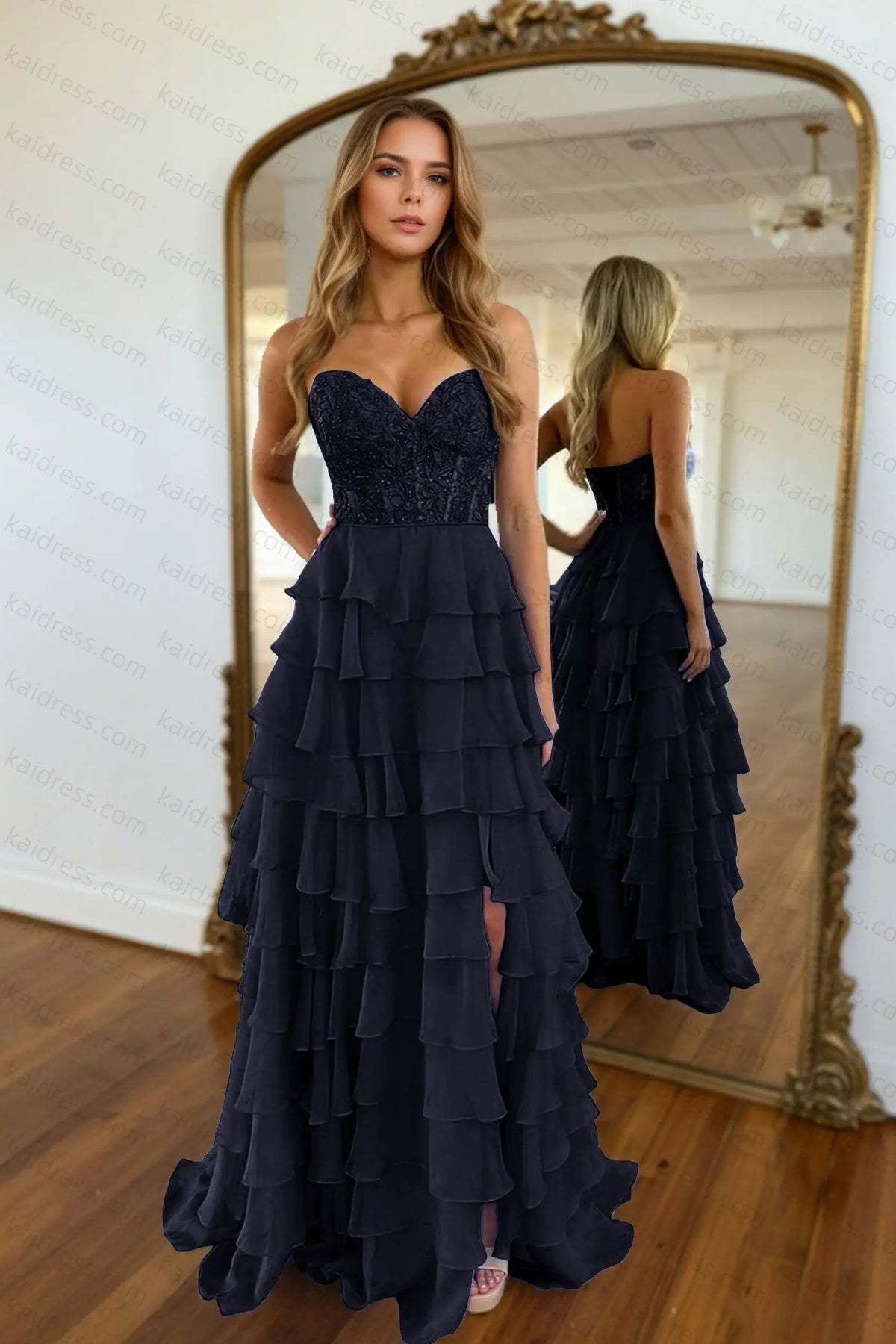 A-line/Princess Chiffon Fuchsia Sweetheart Tiered Ruffles Prom Dress with Slit Applique