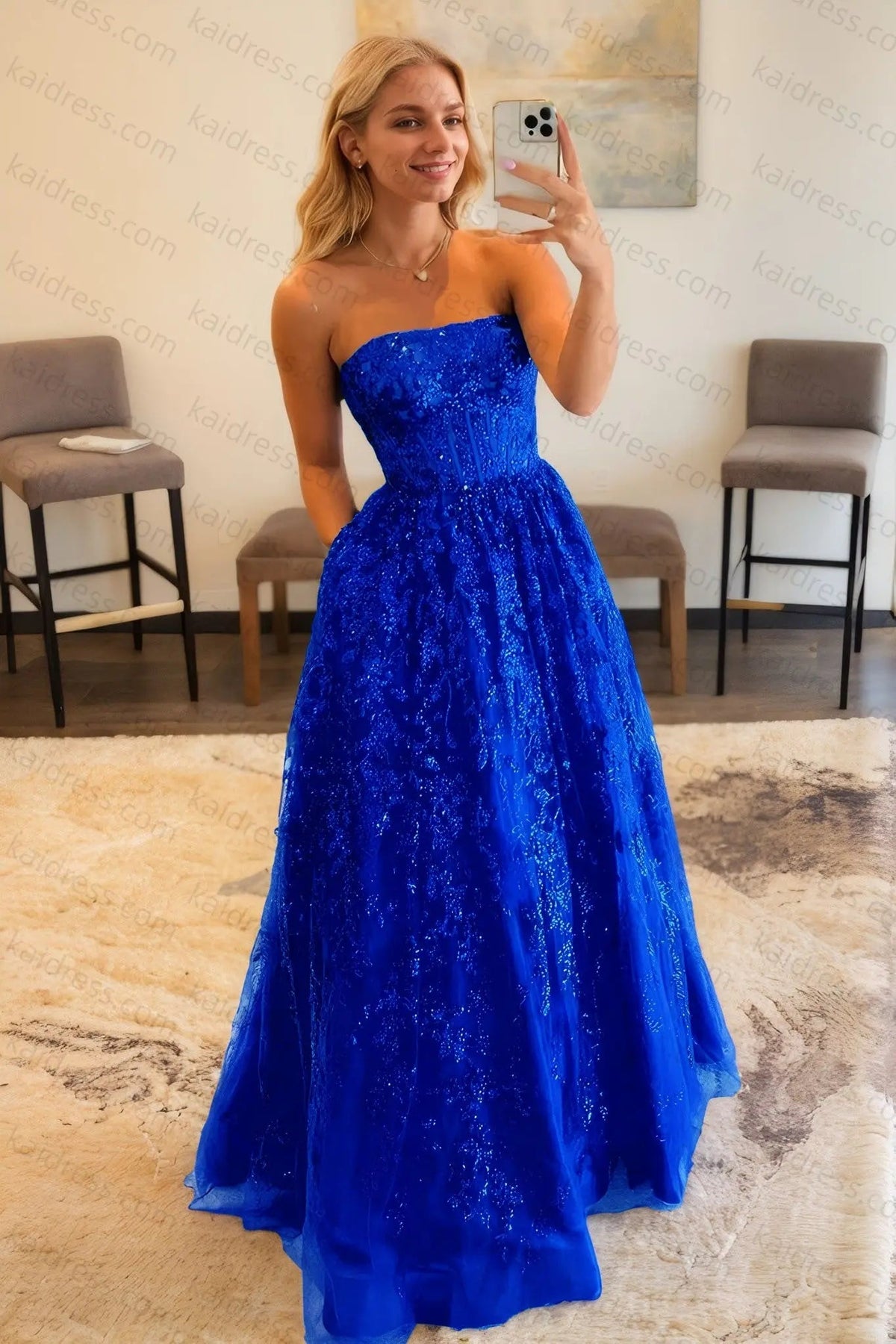 A-line Bateau Strapless Long/Floor-Length Lace Prom Dresses With Pockets Special Occasion Dresses