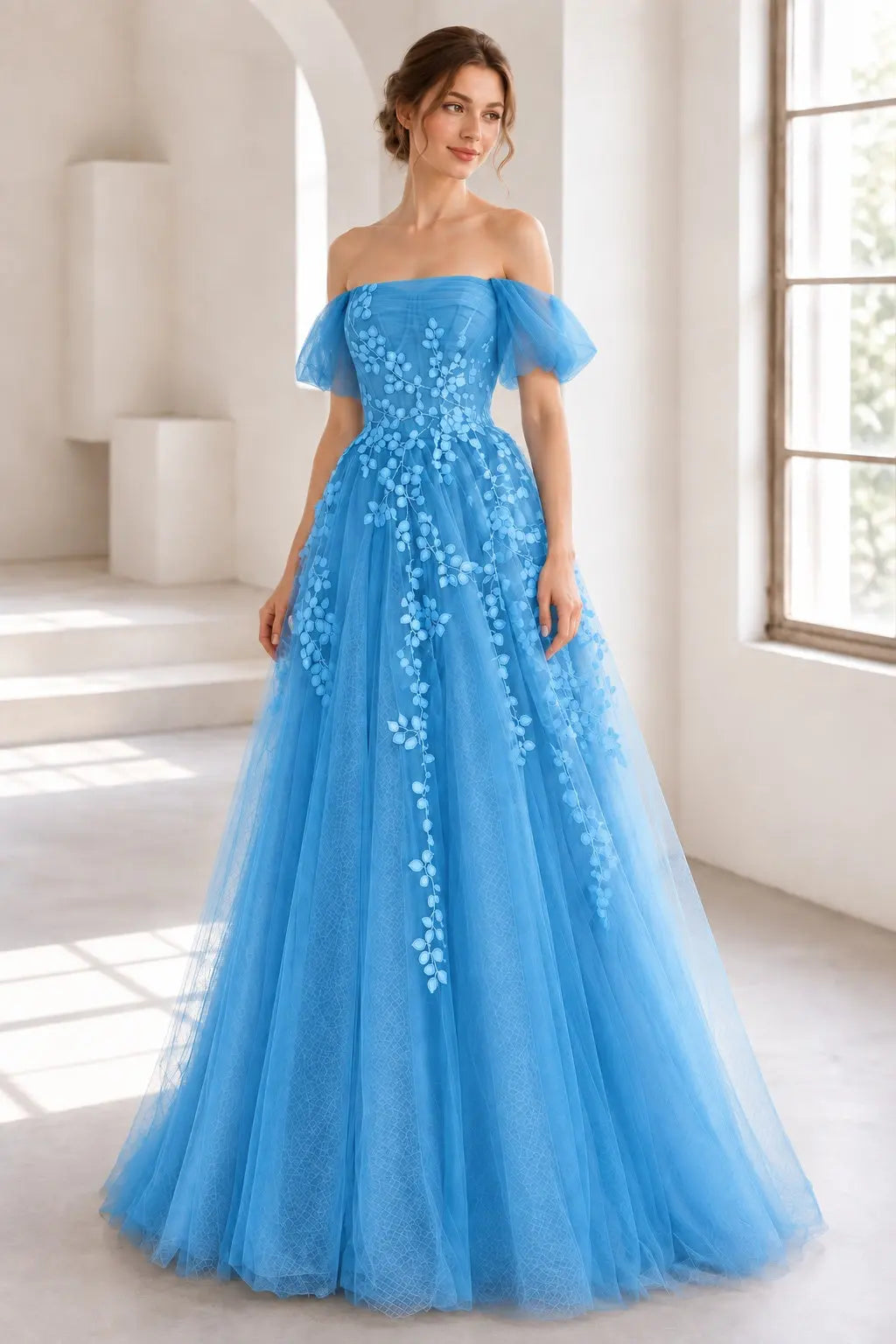 A-Line Tulle Lace Long Prom Dress Off the Shoulder Formal Evening Dress