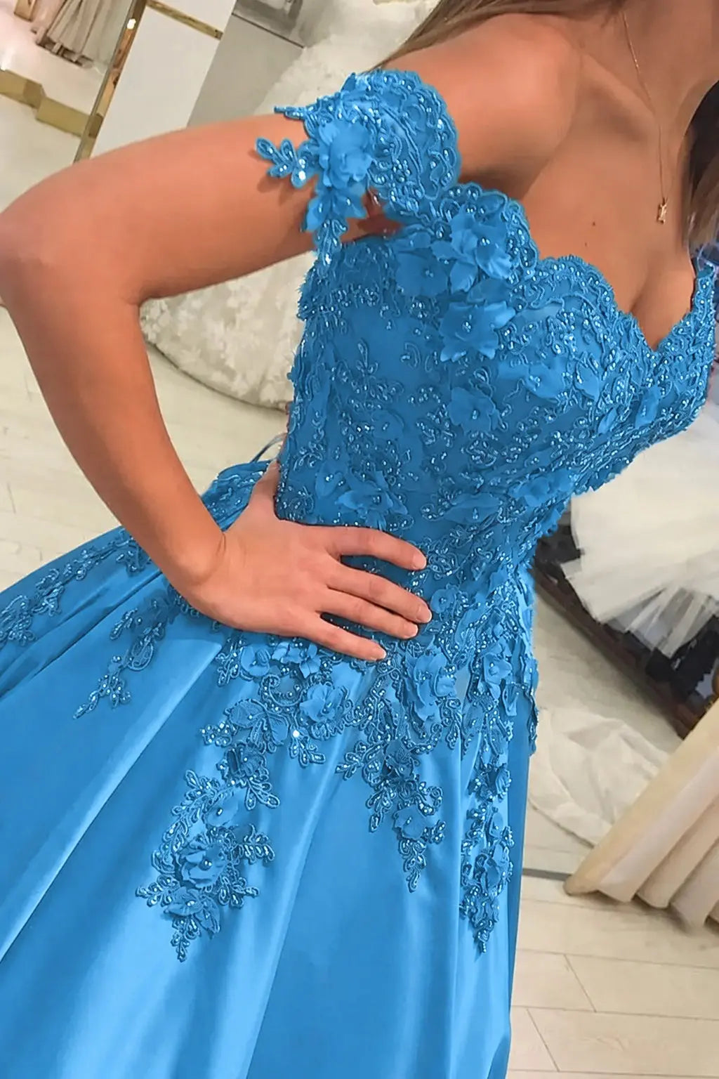 Appliquéd Off-the-Shoulder Satin Princess Prom Dress with Beads