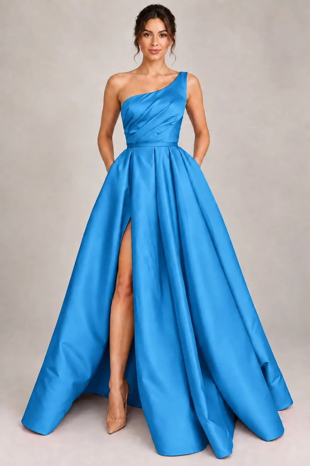 A-line Sleeveless One-Shoulder Long/Floor-Length Satin Prom Dress With Split Ruffles Pockets