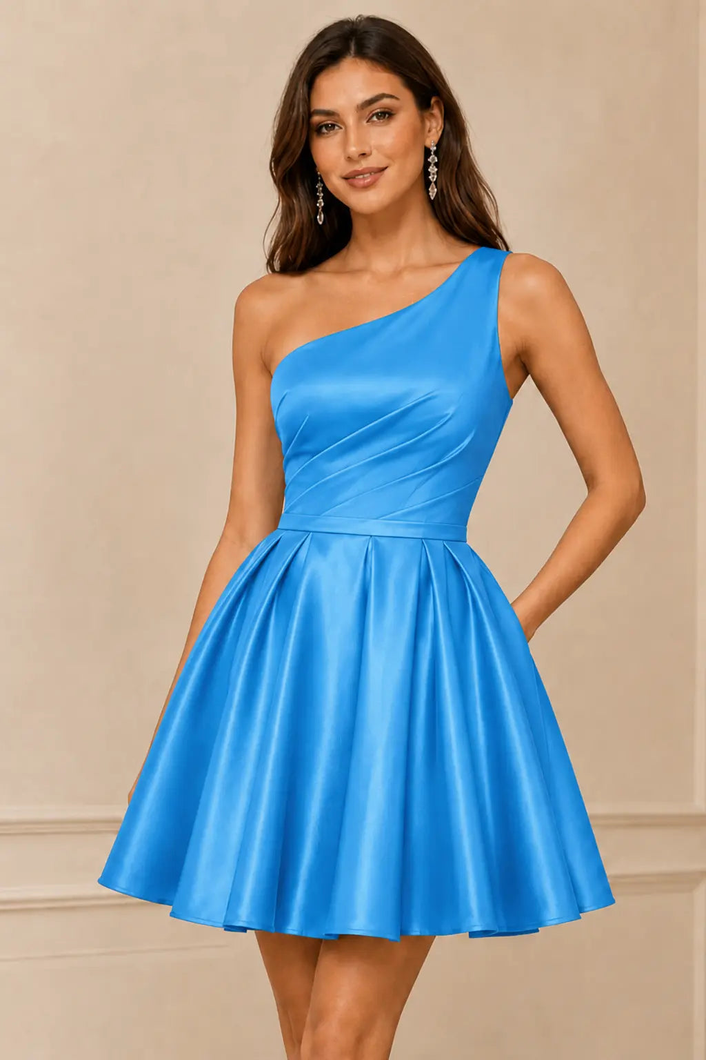 Green One Shoulder Satin Mini A Line Homecoming Dress With Pockets