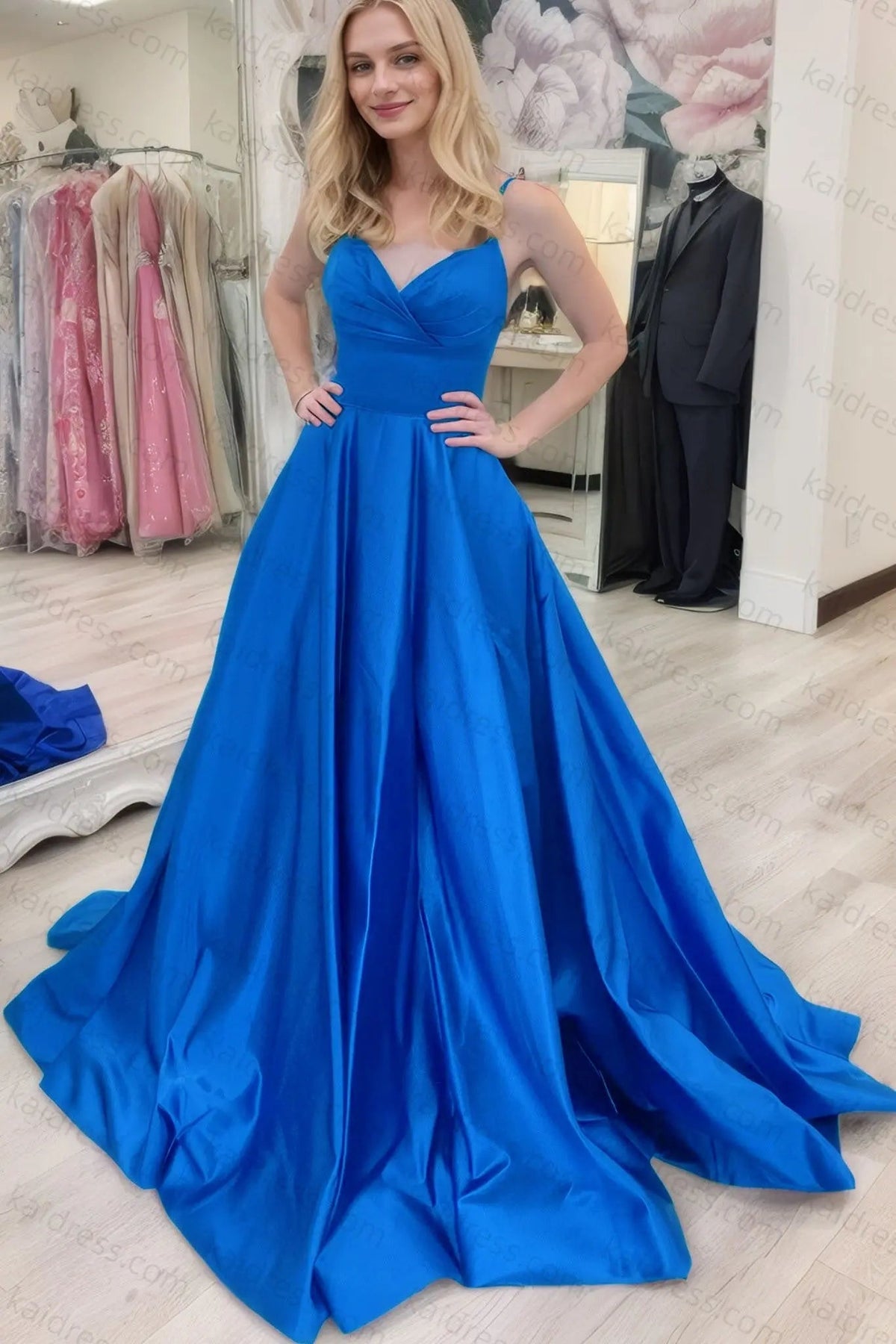A-line V Neck Sleeveless Court Train Satin Prom Dresses With Bowknot Pleated Waistband
