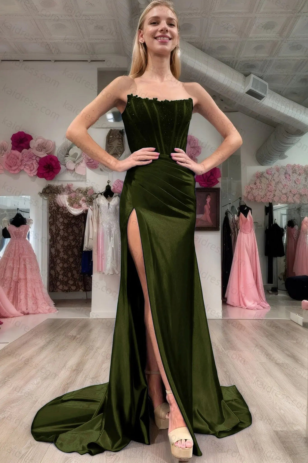 Sheath/Column Elastic Woven Satin Ruched Off-the-Shoulder Sleeveless Sweep/Brush Train Prom Dresses
