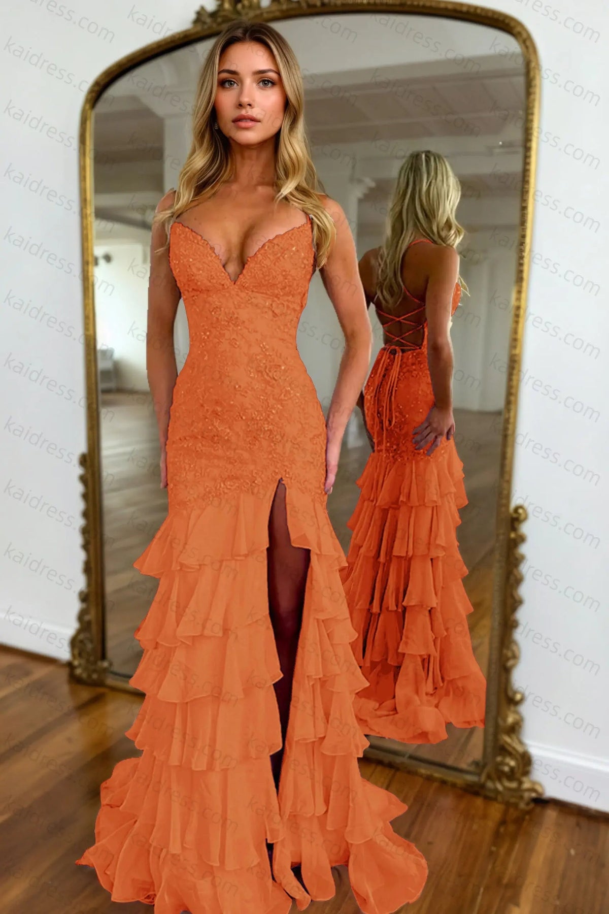 Mermaid Sparkly Lilac Lace Appliques Sheath Tiered Long Chiffon Prom Dress with Slit