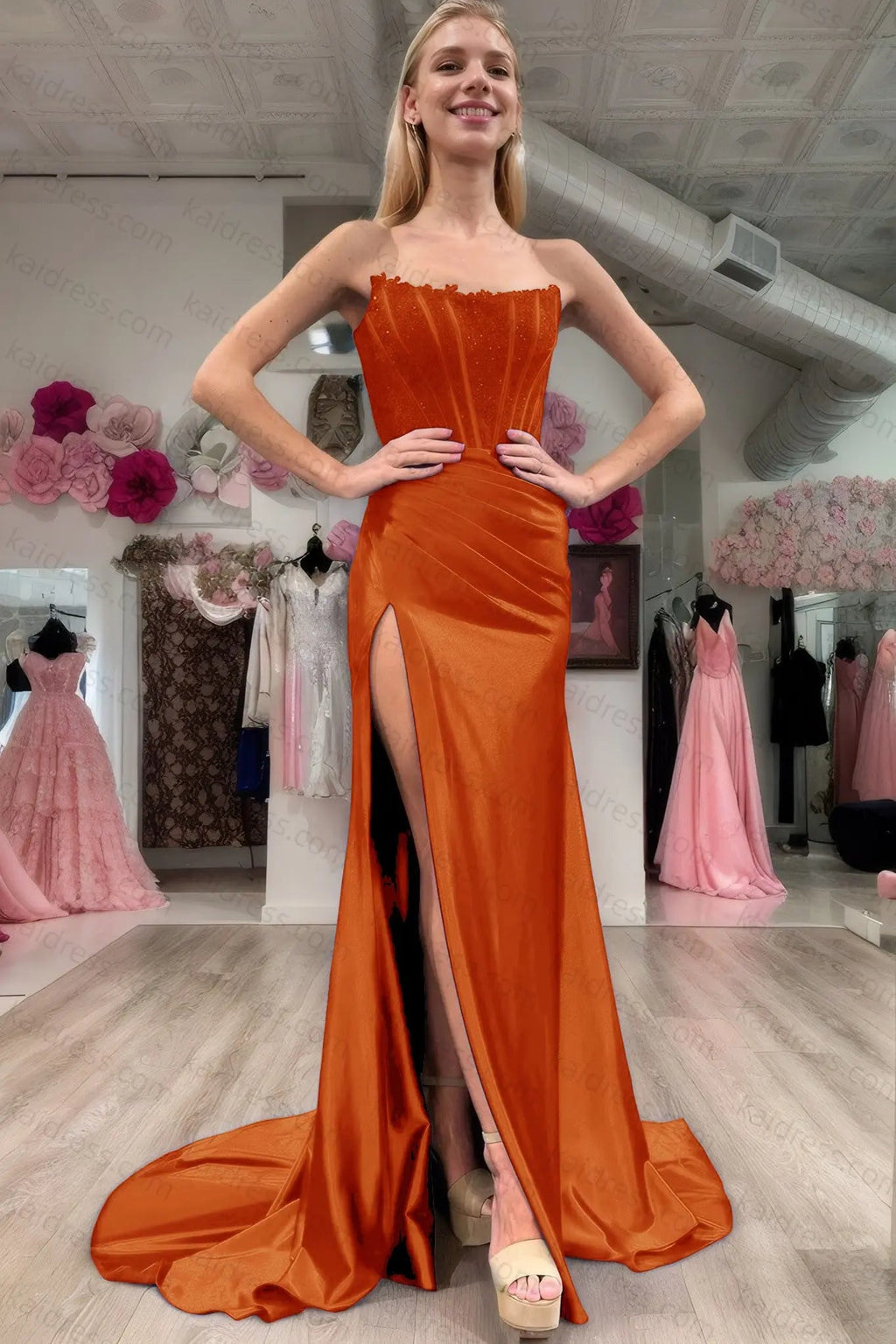 Sheath/Column Elastic Woven Satin Ruched Off-the-Shoulder Sleeveless Sweep/Brush Train Prom Dresses