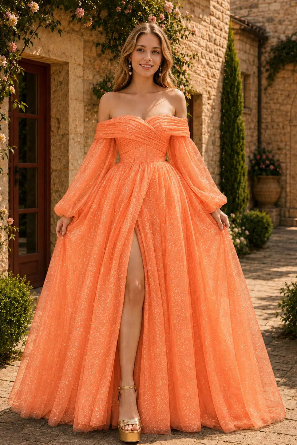 A-Line/Princess Tulle Ruched Long  Off-the-Shoulder Long Sleeves Prom Dresses Detachable Sleeves