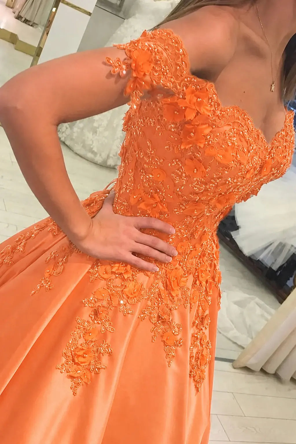 Appliquéd Off-the-Shoulder Satin Princess Prom Dress with Beads