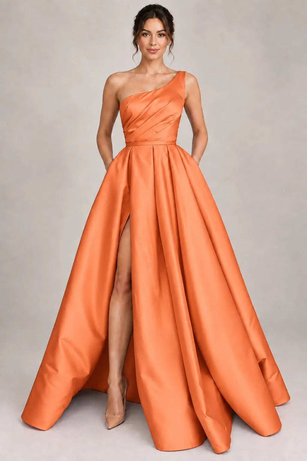 A-line Sleeveless One-Shoulder Long/Floor-Length Satin Prom Dress With Split Ruffles Pockets