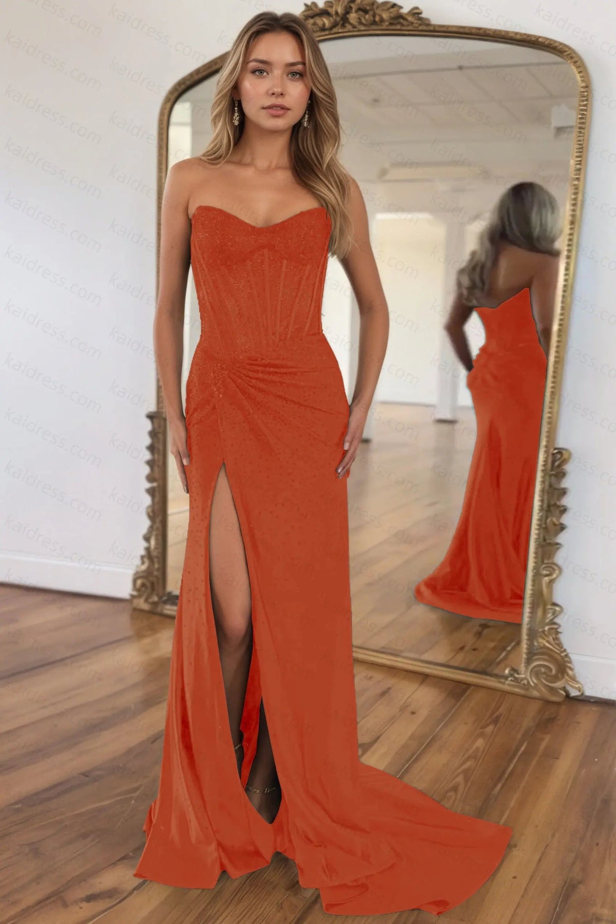 Mermaid Sparkly Golden Sweetheart Beaded Long Corset Prom Dress with Slit
