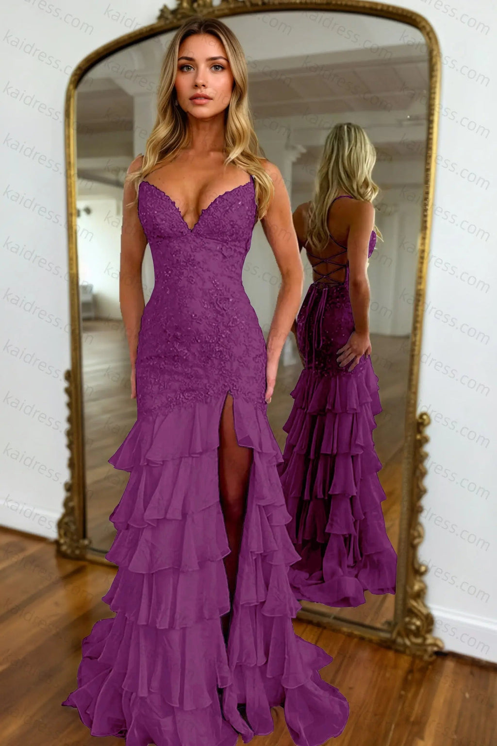 Mermaid Sparkly Lilac Lace Appliques Sheath Tiered Long Chiffon Prom Dress with Slit