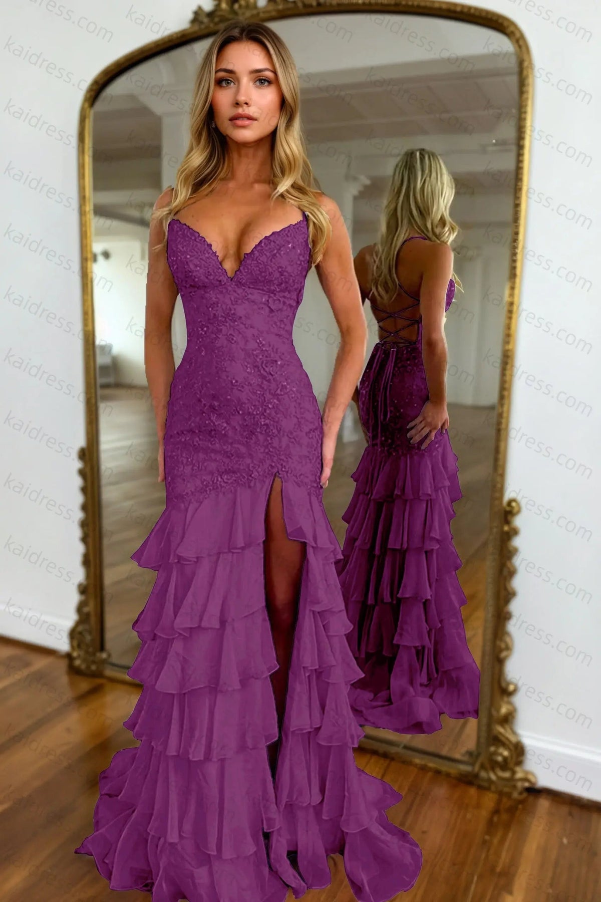 Mermaid Sparkly Lilac Lace Appliques Sheath Tiered Long Chiffon Prom Dress with Slit