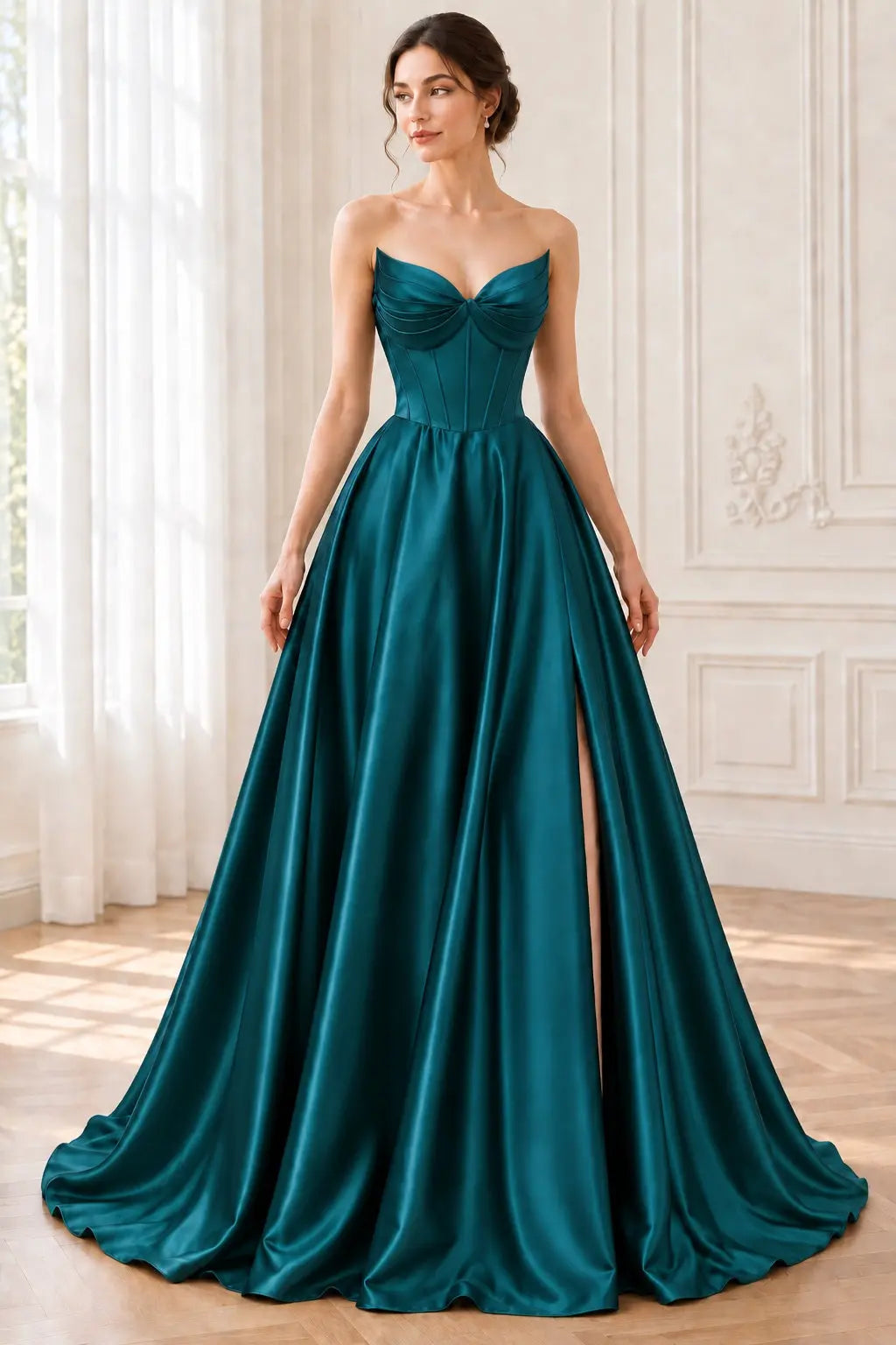 A-line Satin Formal Long Simple Sleeveless Prom Dresses with Pockets