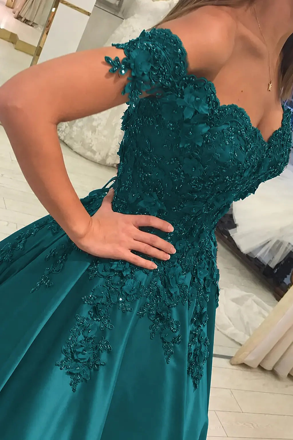 Appliquéd Off-the-Shoulder Satin Princess Prom Dress with Beads