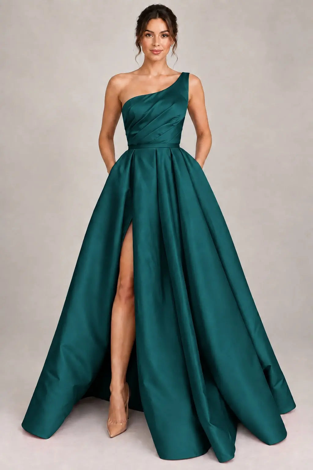 A-line Sleeveless One-Shoulder Long/Floor-Length Satin Prom Dress With Split Ruffles Pockets