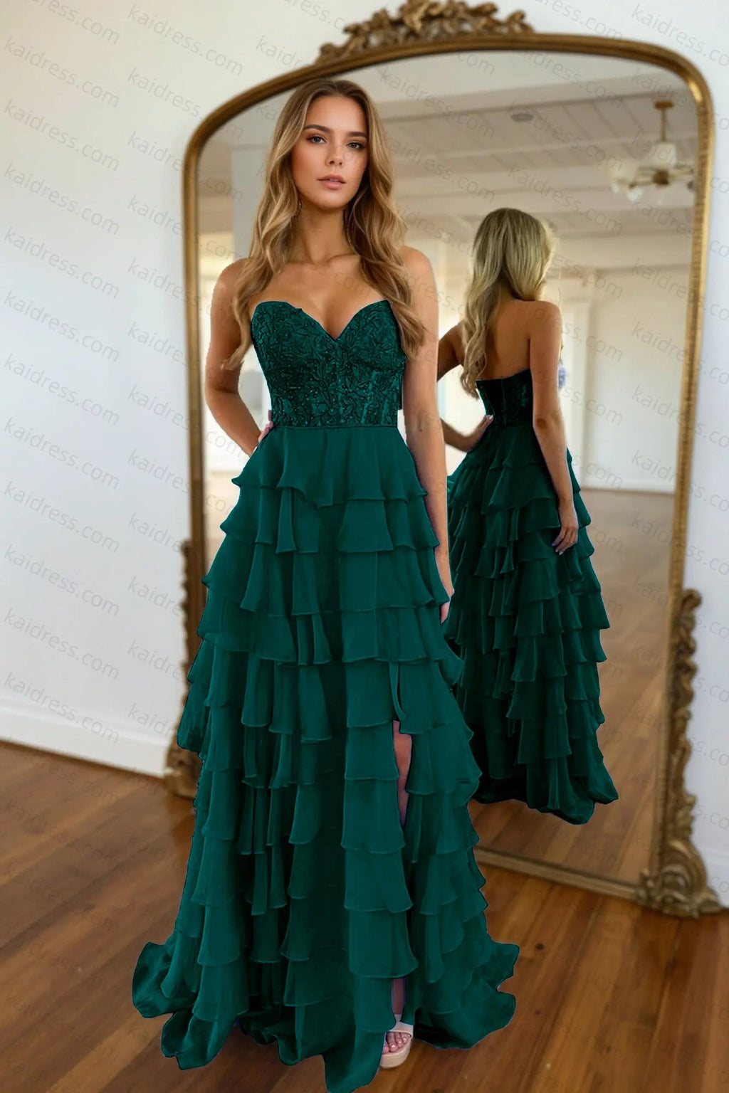 A-line/Princess Chiffon Fuchsia Sweetheart Tiered Ruffles Prom Dress with Slit Applique