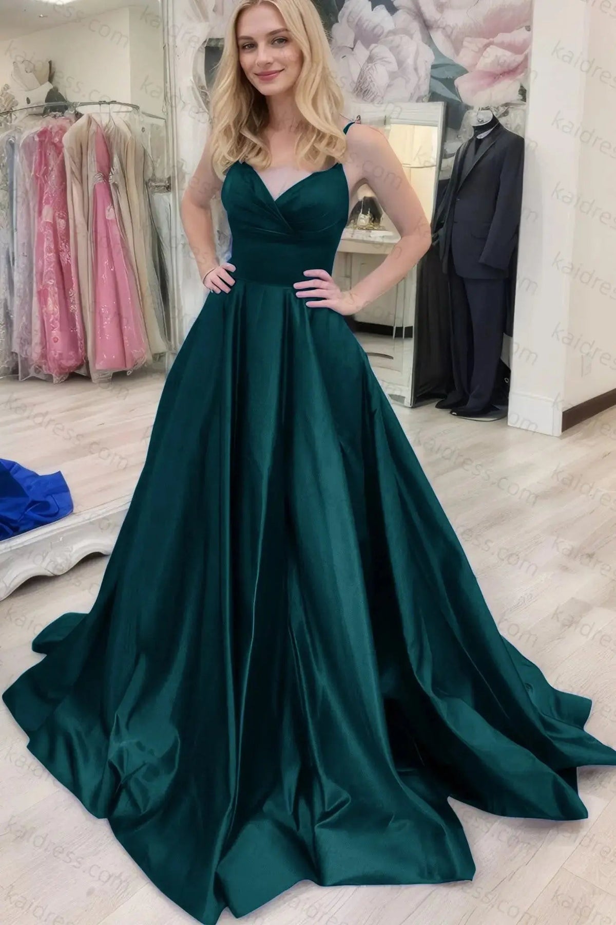 A-line V Neck Sleeveless Court Train Satin Prom Dresses With Bowknot Pleated Waistband