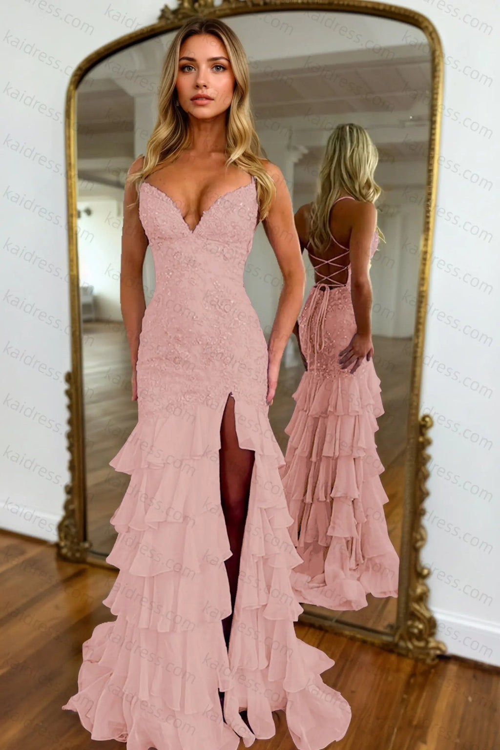 Mermaid Sparkly Lilac Lace Appliques Sheath Tiered Long Chiffon Prom Dress with Slit