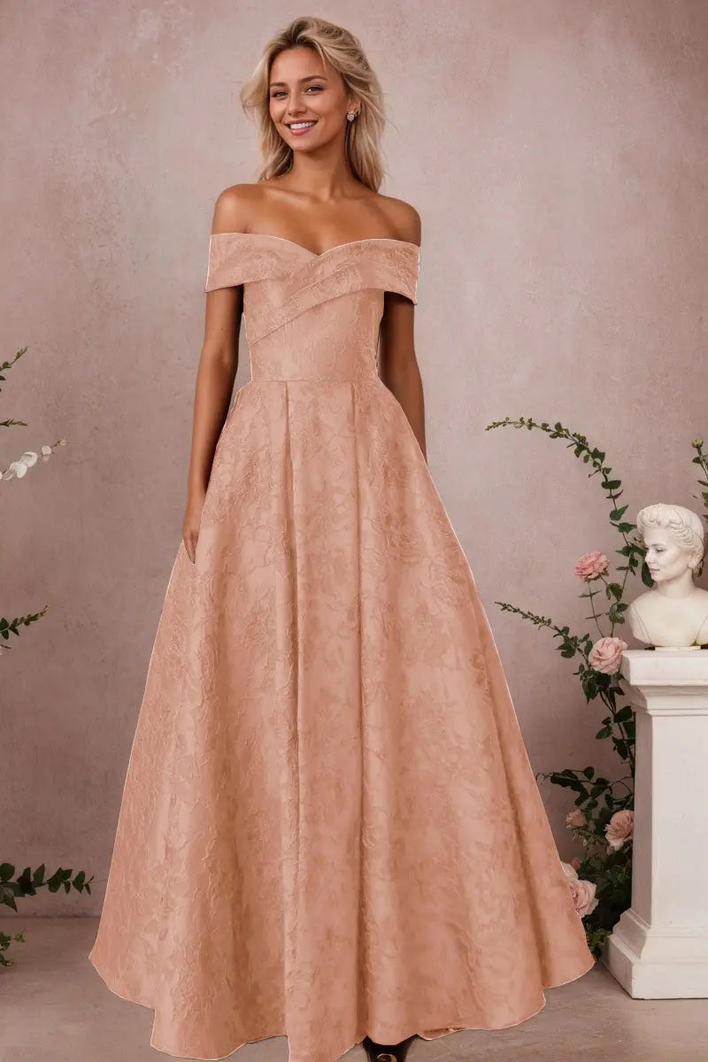 A-Line Off Shoulder Satin Burgundy Long Prom Dress Floral Jacquard Formal Ball Gowns
