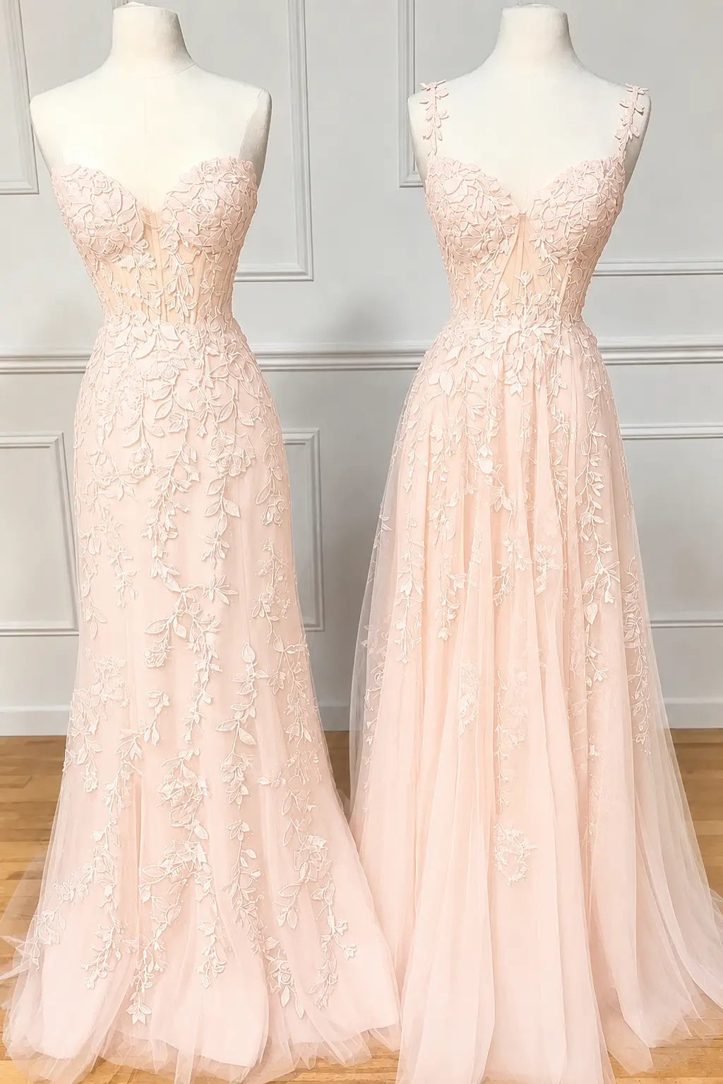 A-line Sweetheart Spaghetti Straps Sweep Train Lace Prom Dress With Beading