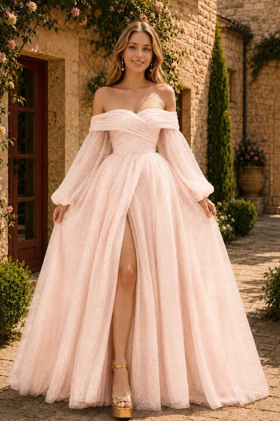 A-Line/Princess Tulle Ruched Long  Off-the-Shoulder Long Sleeves Prom Dresses Detachable Sleeves