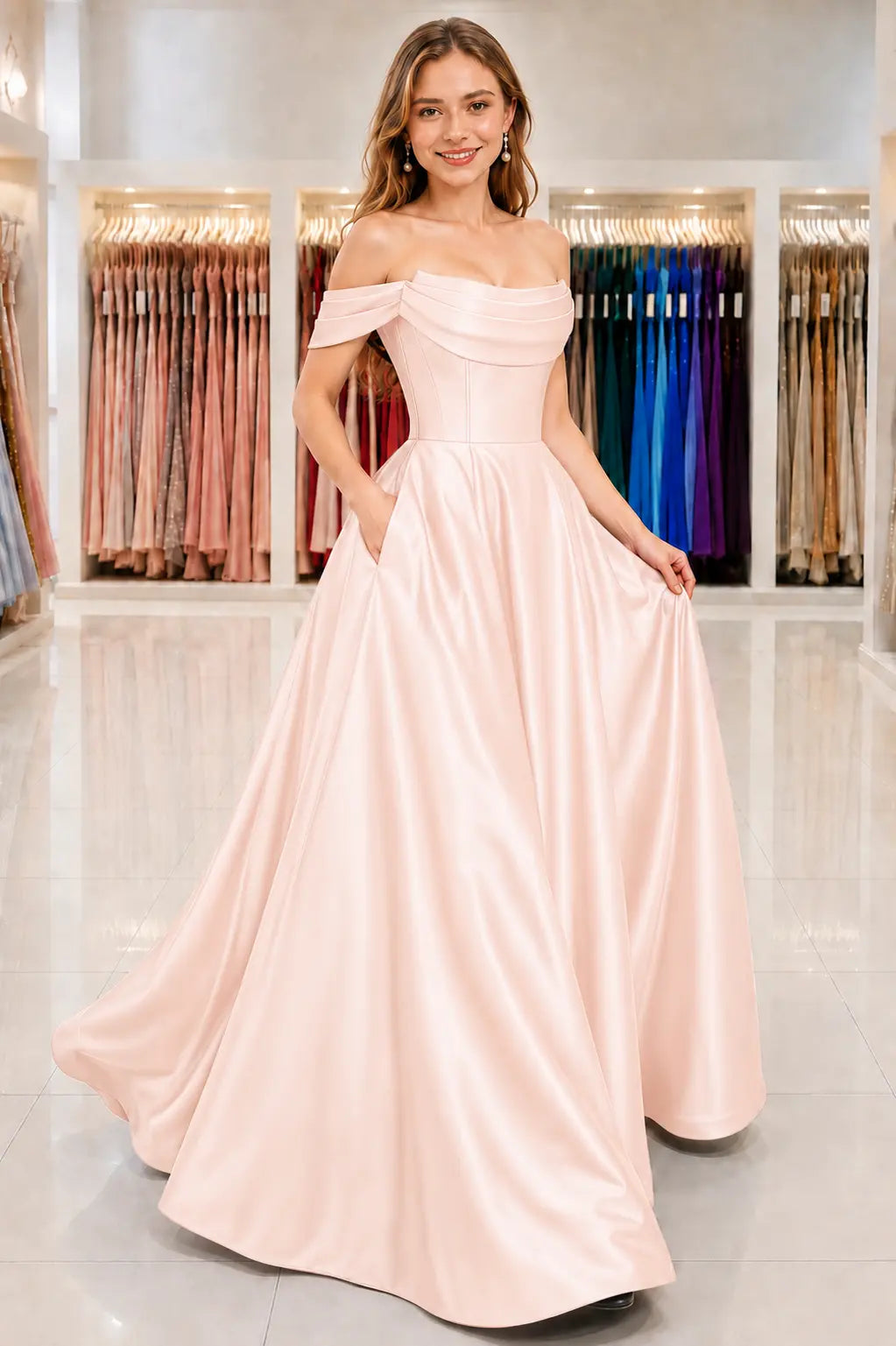 A-Line Satin Long Prom Dress. Simple Off the Shoulder Evening Party Dress With Pockets