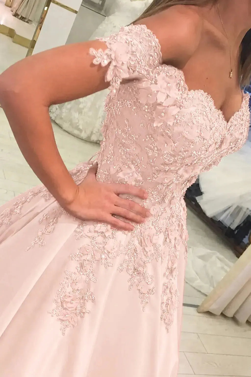 Appliquéd Off-the-Shoulder Satin Princess Prom Dress with Beads