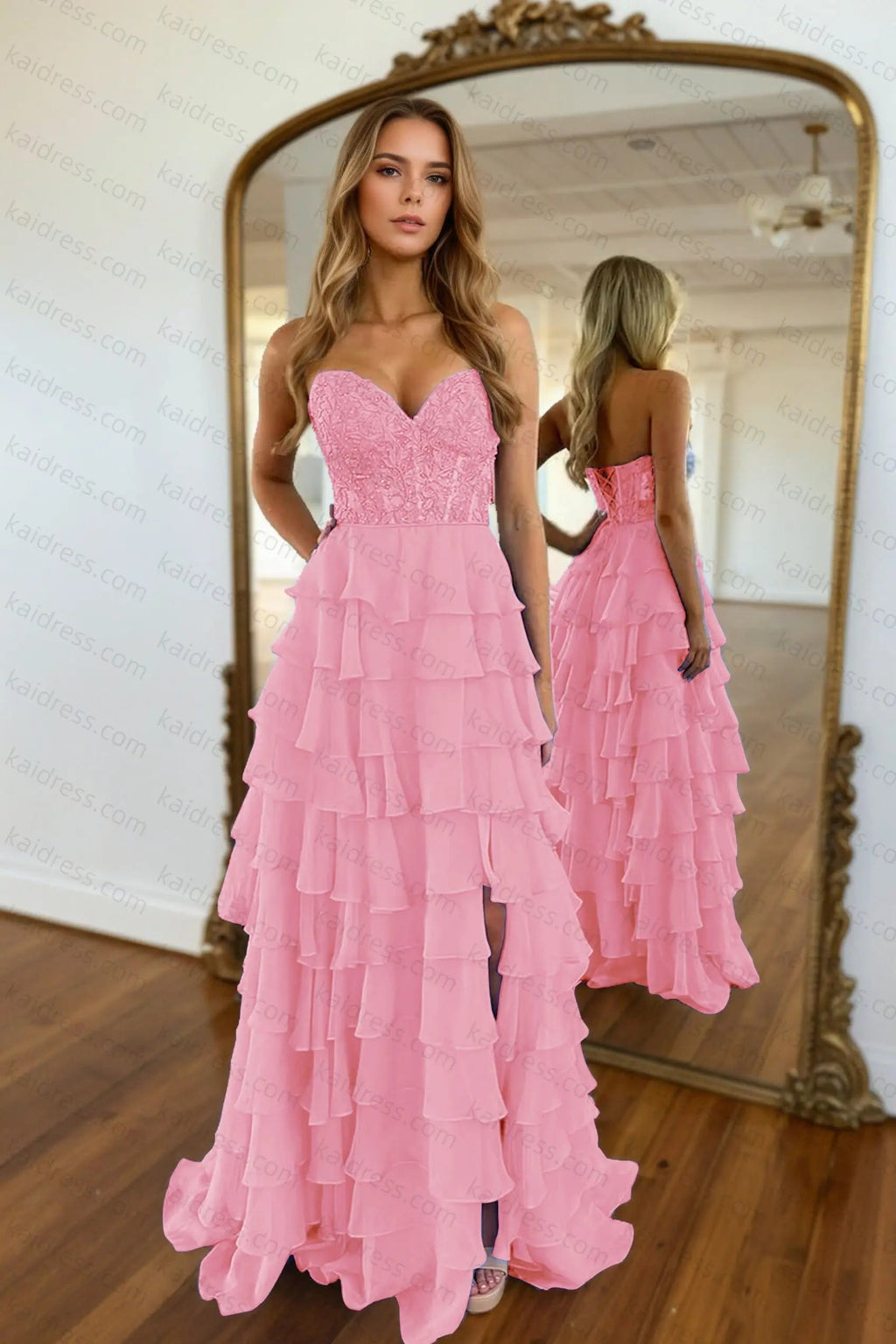 A-line/Princess Chiffon Fuchsia Sweetheart Tiered Ruffles Prom Dress with Slit Applique