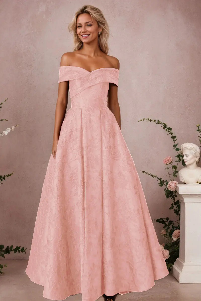 A-Line Off Shoulder Satin Burgundy Long Prom Dress Floral Jacquard Formal Ball Gowns