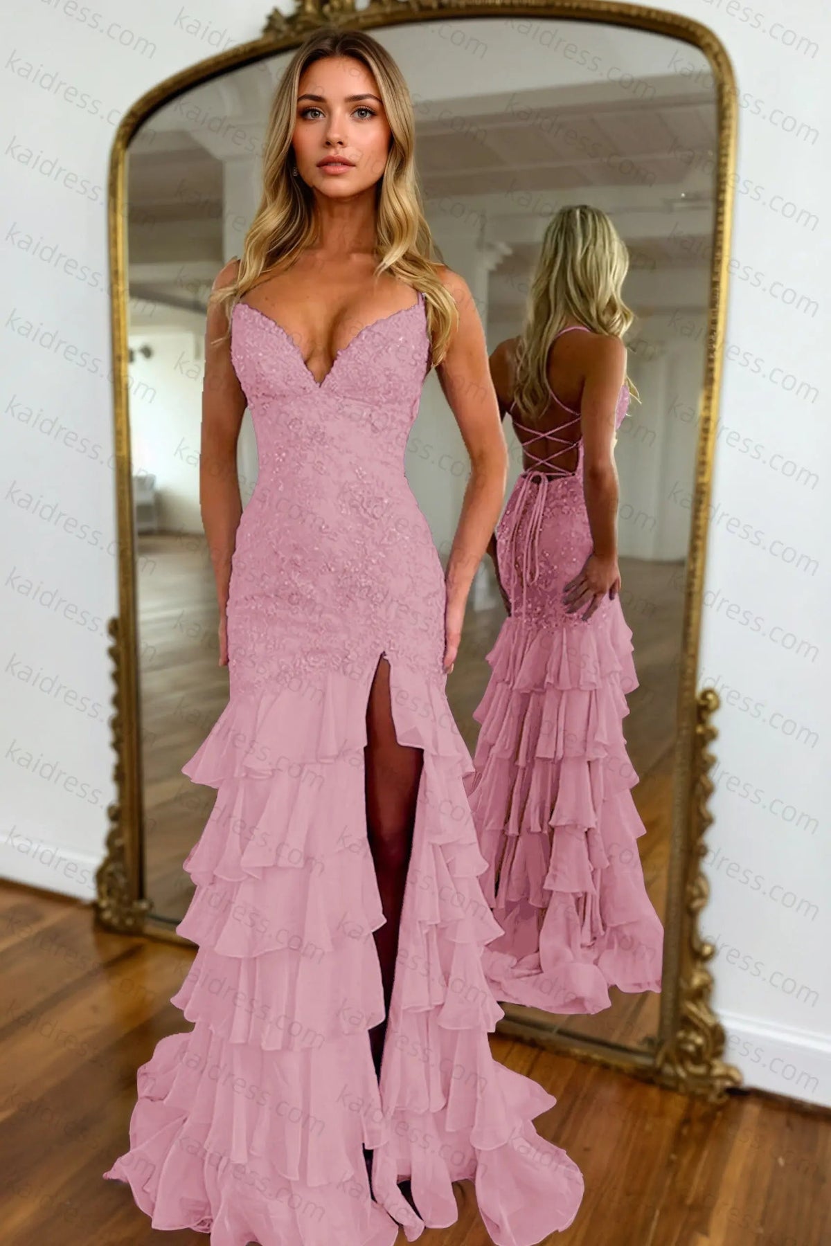 Mermaid Sparkly Lilac Lace Appliques Sheath Tiered Long Chiffon Prom Dress with Slit
