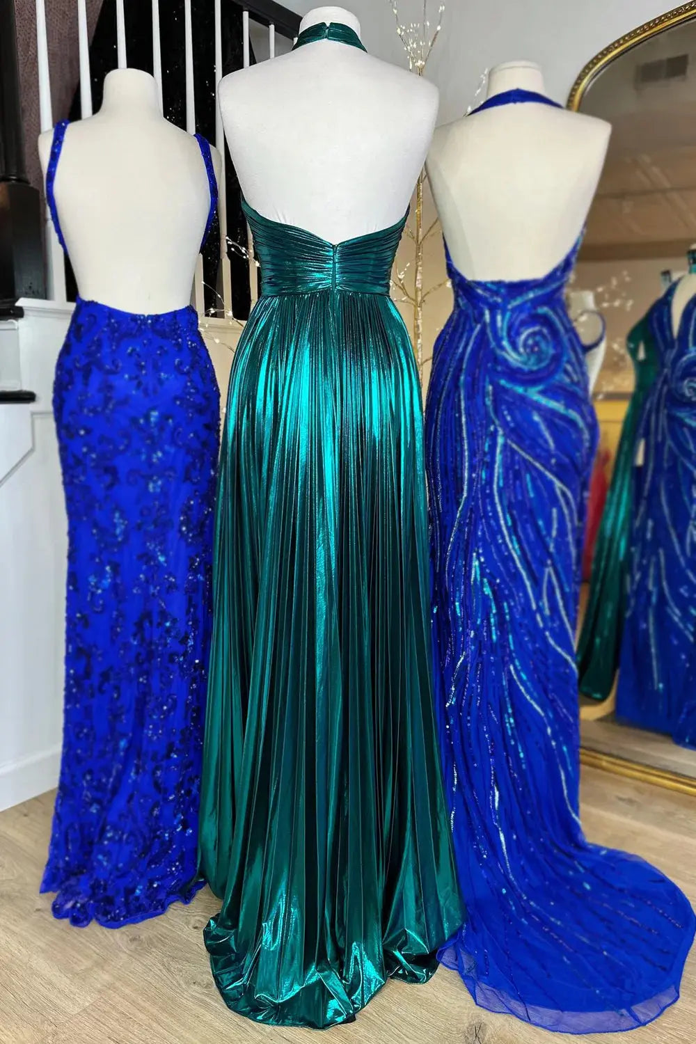 Glitter Green Halter Cut Out Backless Pleats Long Prom Dress with Slit