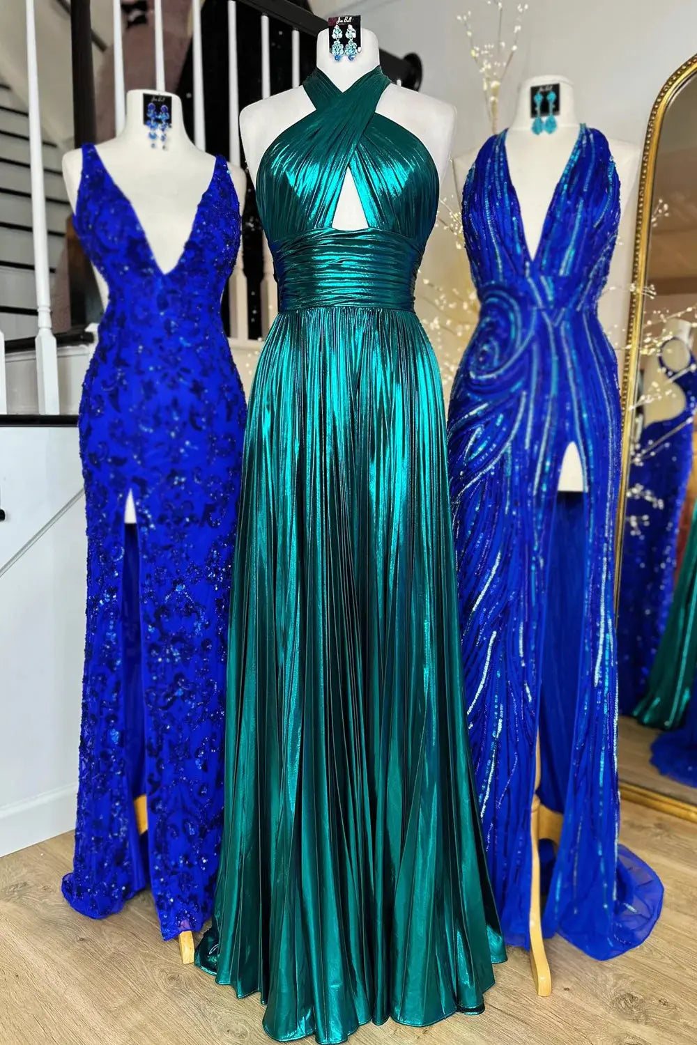 Glitter Green Halter Cut Out Backless Pleats Long Prom Dress with Slit