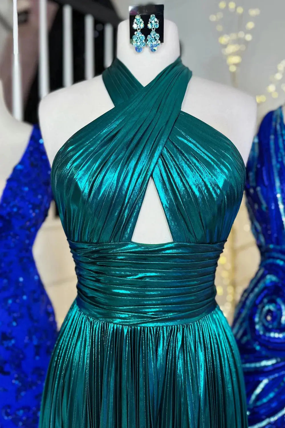 Glitter Green Halter Cut Out Backless Pleats Long Prom Dress with Slit