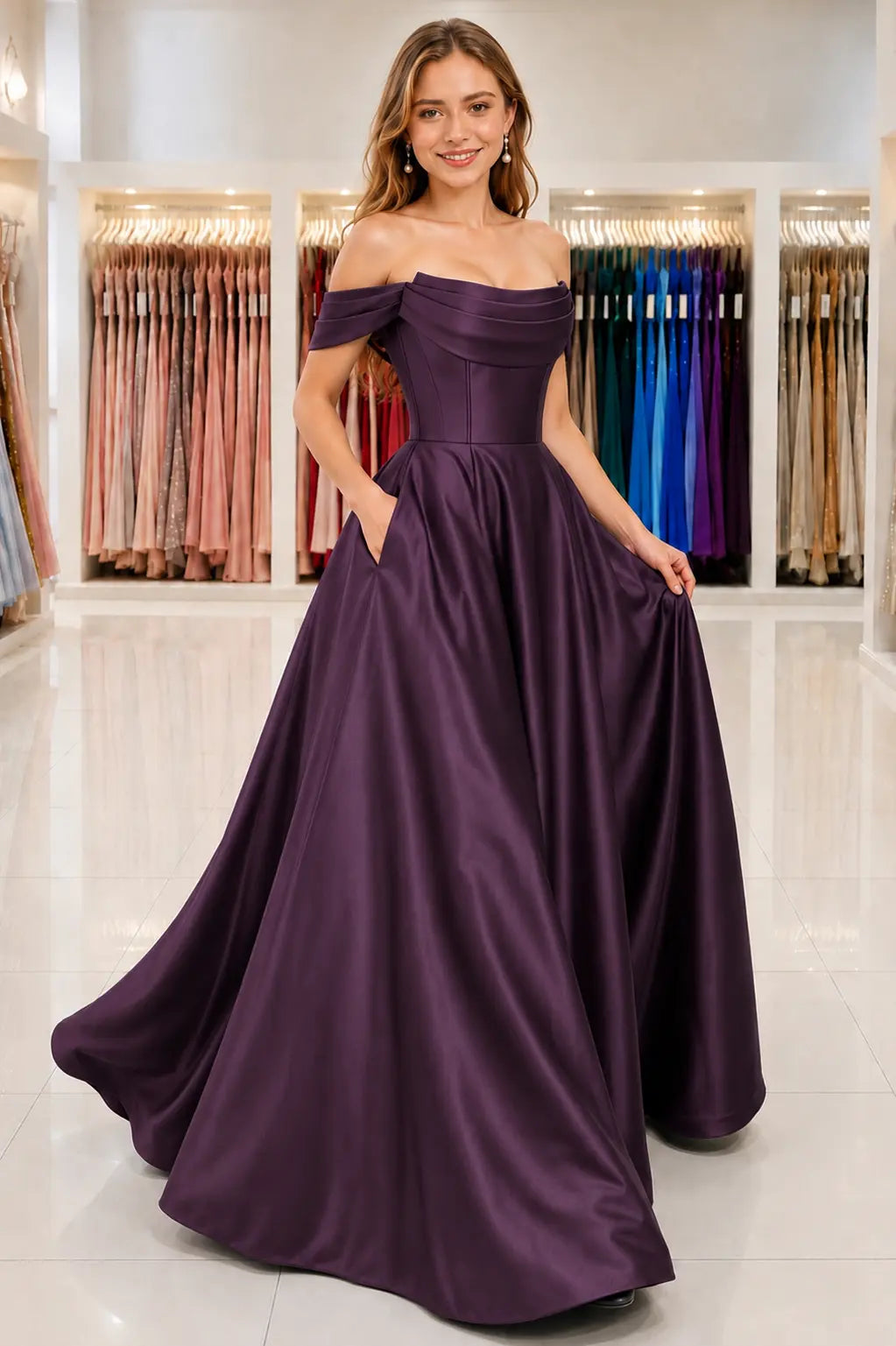 A-Line Satin Long Prom Dress. Simple Off the Shoulder Evening Party Dress With Pockets