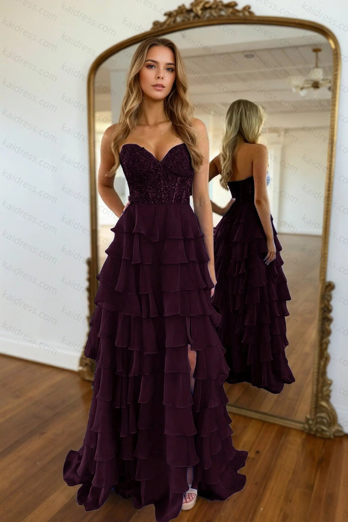 A-line/Princess Chiffon Fuchsia Sweetheart Tiered Ruffles Prom Dress with Slit Applique