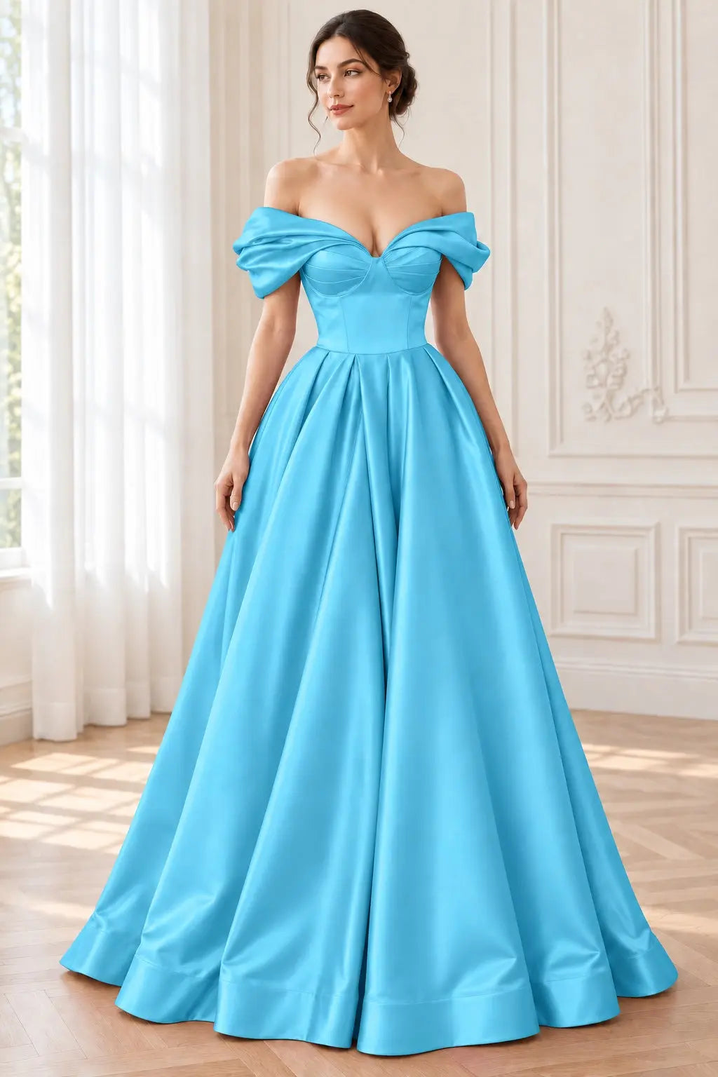 A-line Off-the-Shoulder Short Sleeve Satin Long/Floor-Length Prom Dresses With Ruffles Split