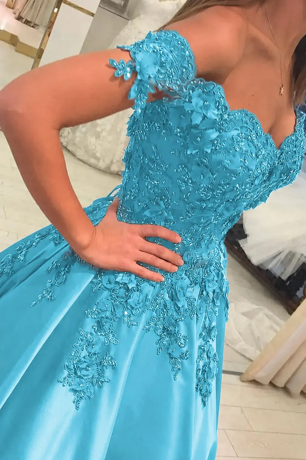 Appliquéd Off-the-Shoulder Satin Princess Prom Dress with Beads
