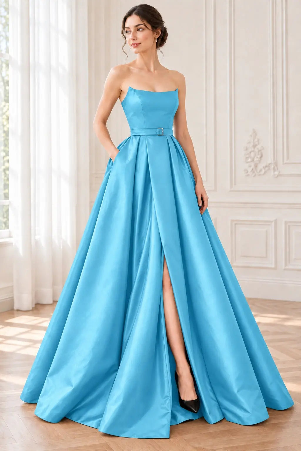A-line Square Neckline Long/Floor-Length Satin Prom Dresses With Pockets Split