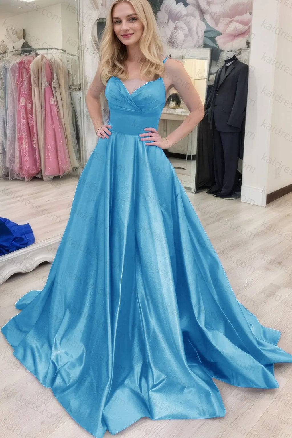 A-line V Neck Sleeveless Court Train Satin Prom Dresses With Bowknot Pleated Waistband
