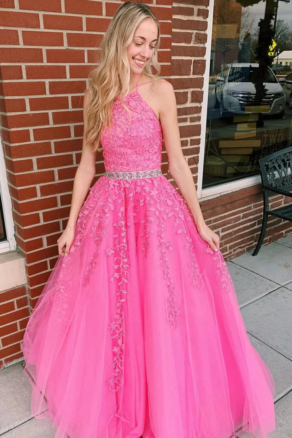 A-line Princess Halter Long Lace Tulle Prom Dress With Appliqued Beading