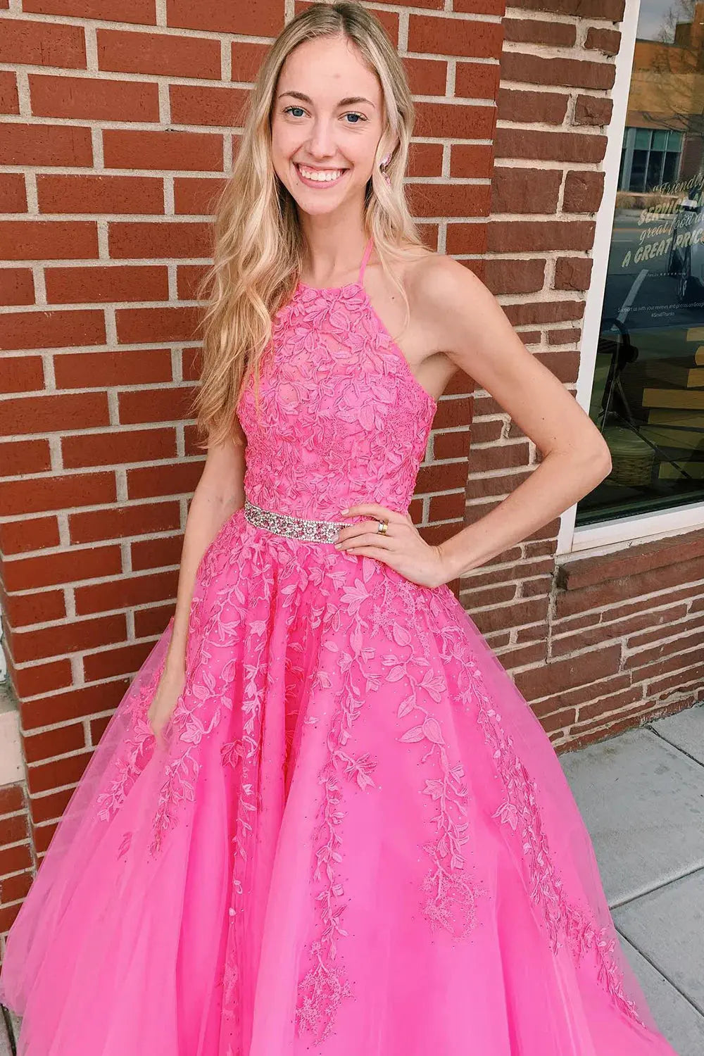 A-line Princess Halter Long Lace Tulle Prom Dress With Appliqued Beading