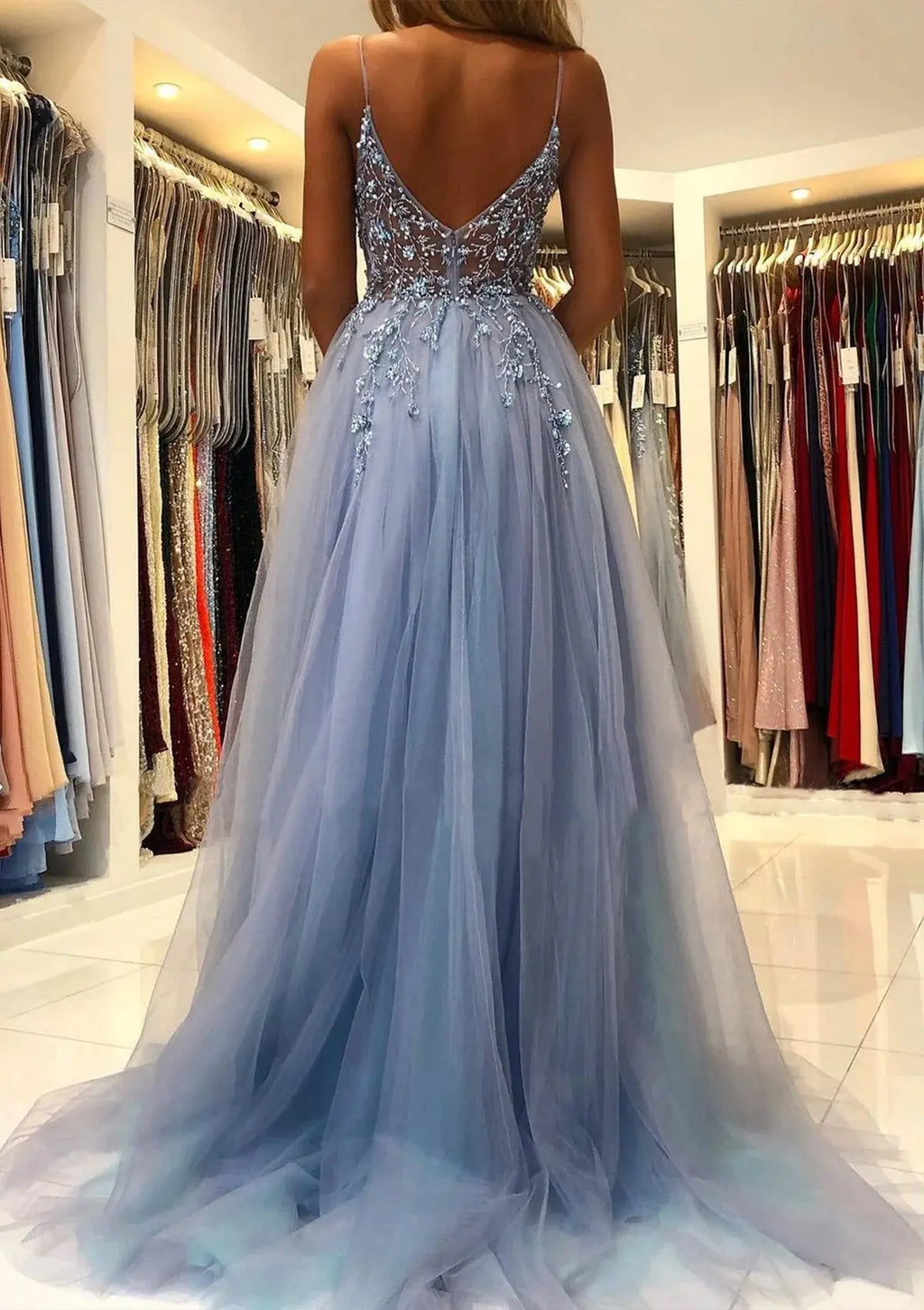 A-line V Neck Spaghetti Straps Sweep Train Tulle Prom Dresses With Beading Sequins Split