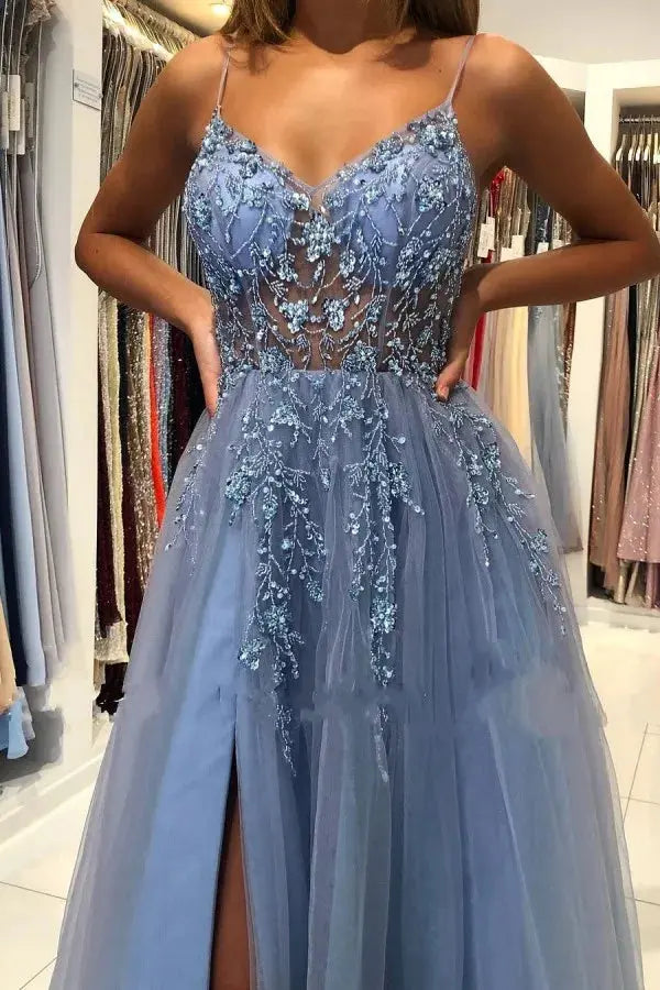A-line V Neck Spaghetti Straps Sweep Train Tulle Prom Dresses With Beading Sequins Split