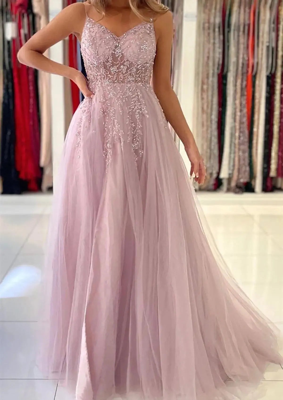 A-line V Neck Spaghetti Straps Sweep Train Tulle Prom Dresses With Beading Sequins Split
